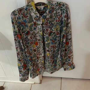 Boden Floral Button-Front Blouse — White with Blue, Yellow & Red Floral Print